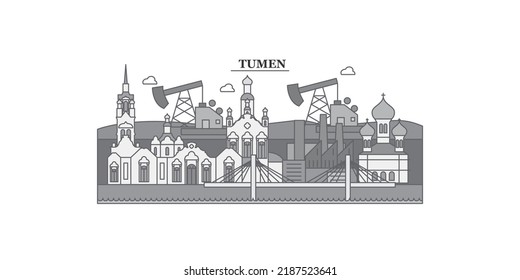 Russia, Tumen city skyline isolated vector illustration, icons