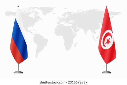 Russia and Tunisia flags for official meeting against background of world map.