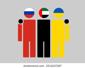 Russia, UAE, and Ukraine National Flags With Embracing Body. Vector Illustration. Isolated background.