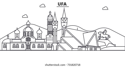 Imagen de perfil en línea de la arquitectura rusa, Ufa. Paisaje de ciudad vectorial lineal con puntos de referencia famosos, vistas de la ciudad, iconos de diseño. Paisaje con trazos editables