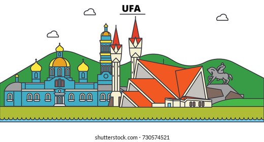 Russia, Ufa. City skyline, architecture, buildings, streets, silhouette, landscape, panorama, landmarks. Editable strokes. Flat design line vector illustration concept. Isolated icons set