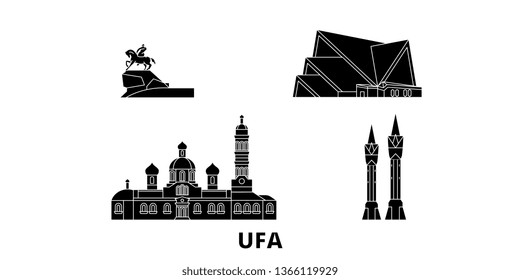 Rusia, conjunto de líneas de viaje planas Ufa. Rusia, ilustración vectorial de la ciudad negra de Ufa, símbolo, lugares de viaje, puntos de referencia.