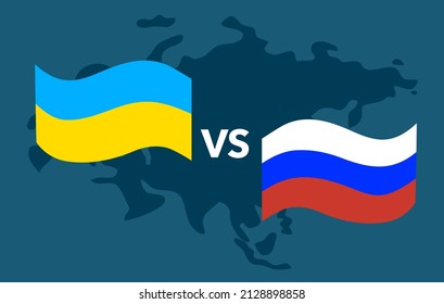 Banderas de Rusia y Ucrania en diseño plano. Conflicto entre dos países.