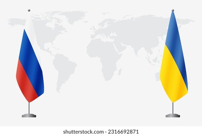 Russia and Ukraine flags for official meeting against background of world map.