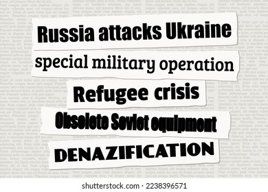 Rusia Ucrania invade titulares noticiosos. Recortes de periódicos sobre la guerra de Rusia en Ucrania y la crisis de refugiados.