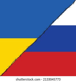 Russia and Ukraine painted flags on with a crack. Russia and Ukraine relations. Ukraine and Russia flags together