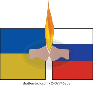 Russia and ukraine war indication with punch and fire flame between flags