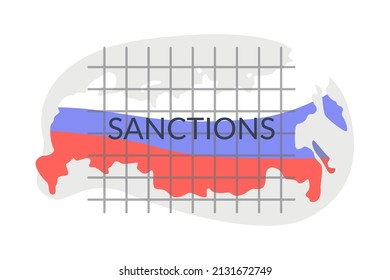 Rusia estaba sujeta a sanciones. Mapa de Rusia tras las rejas. Crisis económica. Ilustración vectorial plana aislada en fondo blanco