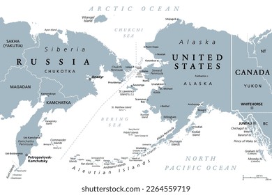 Russia and United States, maritime boundary, gray political map. The Chukchi Peninsula of Russian Far East, and Seward Peninsula of Alaska, separated by Bering Strait between Pacific and Arctic Ocean.