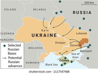 Russia and the US in Ukraine and the Middle East. Ukraine crisis map. Ukraine and Russia military conflict. Geopolitical concept illustration.