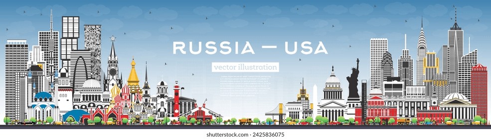 Russia and USA skyline with gray buildings and blue sky. Famous landmarks. Vector illustration. USA and Russia concept. Diplomatic relations between countries.