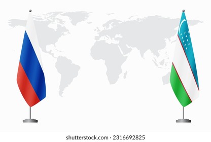Russia and Uzbekistan flags for official meeting against background of world map.