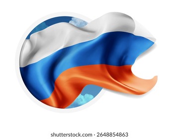 Russia, vector 3d flag against a blue sky, through a round hole on a white background