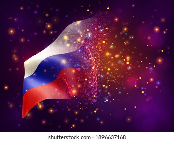 Russia, vector 3d flag on pink purple background with lighting and flares