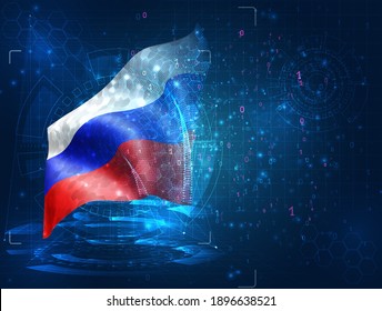 Russia, vector 3d flag on blue background with hud interfaces