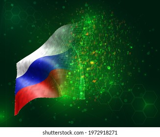 Russia, vector 3d flag on green background with polygons and data numbers