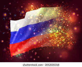Russia, vector 3d flag on pink purple background with lighting and flares