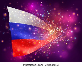 Russland, Vektor-3D-Flagge auf rosafarbenem violettem Hintergrund mit Beleuchtung und Aromen