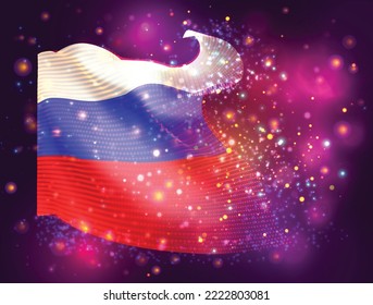 Russia, vector 3d flag on pink purple background with lighting and flares