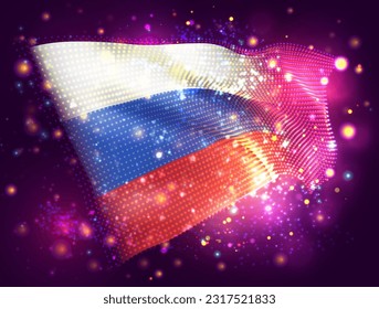 Rusia, bandera vectorial 3d sobre fondo púrpura rosa con iluminación y bengalas