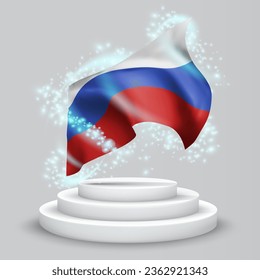 Russia, vector 3d flag on the podium surrounded by a whirlwind of magical radiance