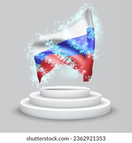 Russia, vector 3d flag on the podium surrounded by a whirlwind of magical radiance