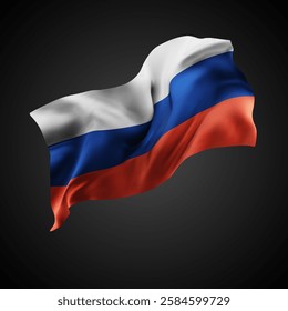 Russia, vector 3d flag with waves on a black background