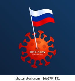 Bandera vectorial rusa anclada a un coronavirus. Detengan el brote de 2019-nCoV. Peligro del coronavirus y riesgo de enfermedad de la salud pública y brote de gripe. Concepto médico de pandemia con células peligrosas