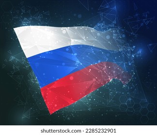 Russland, Vektorflagge, virtuelles abstraktes 3D-Objekt aus dreieckigen Polygonen auf blauem Hintergrund