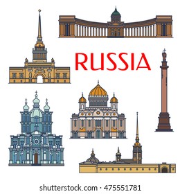 Lugares vectoriales de Rusia e íconos de arquitectura de Admiralty, Columna Alexander, Plaza del Palacio, Catedral Kazan, Cristo Salvador, Convento de Smolny. Símbolos rusos para recuerdos y diseño de viajes