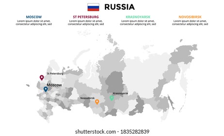Plantilla de infografía del mapa vectorial de Rusia. Presentación con diapositivas. Concepto de marketing comercial global. País de Europa de colores. Datos geográficos del transporte mundial. 