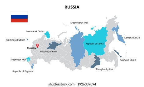 Russia vector map infographic template divided by states, regions or provinces. Slide presentation.