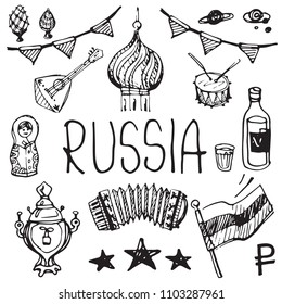 Russia vector set of sketched cultural symbols in black ink