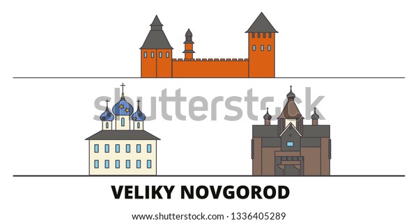 Russia, Veliki Novgorod flat landmarks vector illustration. Russia, Veliki Novgorod line city with famous travel sights, skyline, design. 