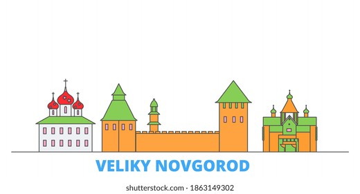 Russia, Veliki Novgorod line cityscape, flat vector. Travel city landmarks, outline illustrations, line world icons