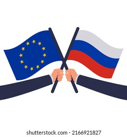 Russia versus Europe. War Russia Europe. Flag in hands. Cross will cross. Confrontation of statewood. Vector illustration flat design. Isolated on white background.