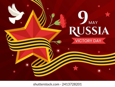 Ilustración vectorial del Día de la Victoria en Rusia el 9 de mayo con estrella de la medalla del héroe, gran guerra patriótica y cinta de color negro amarillo en fondo plano