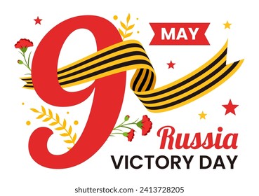 Russia Victory Day Vector Illustration on May 9 with Medal Star Of The Hero, Great Patriotic War and Ribbon Yellow Black Color in Flat Background