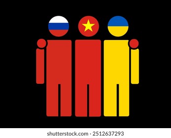 Russia, Vietnam ,and Ukraine National Flags With Embracing Body. Vector Illustration. Isolated background.