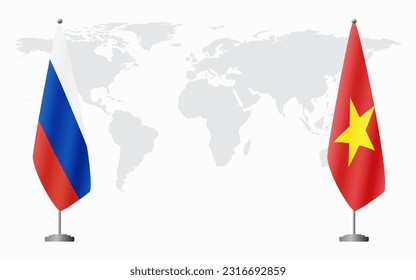 Russia and Vietnam flags for official meeting against background of world map.