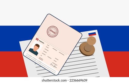 Visum für Russland, offener Reisepass mit Visum für den Grenzübertritt. Konzept der Einwanderungsvisa. Hintergrund mit der Flagge Russlands. Vektorgrafik