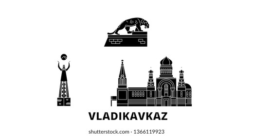 Russia, Vladikavkaz flat travel skyline set. Russia, Vladikavkaz black city vector illustration, symbol, travel sights, landmarks.