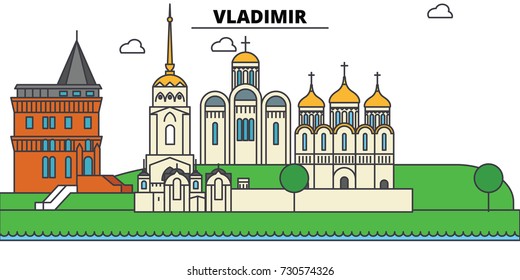Russia, Vladimir. City skyline, architecture, buildings, streets, silhouette, landscape, panorama, landmarks. Editable strokes. Flat design line vector illustration concept. Isolated icons set