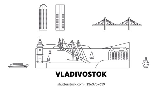 Russia, Vladivostok line travel skyline set. Russia, Vladivostok outline city vector illustration, symbol, travel sights, landmarks.