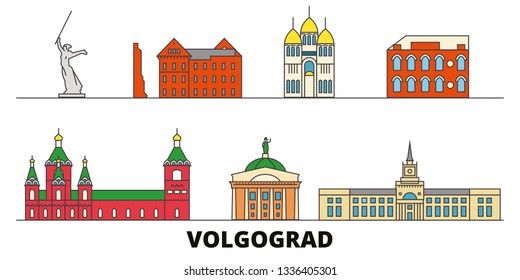 Russia, Volgograd flat landmarks vector illustration. Russia, Volgograd line city with famous travel sights, skyline, design. 