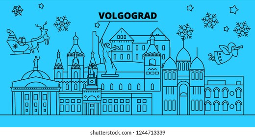 Russia, Volgograd winter holidays skyline. Merry Christmas, Happy New Year decorated banner with Santa Claus.Russia, Volgograd linear christmas city vector flat illustration