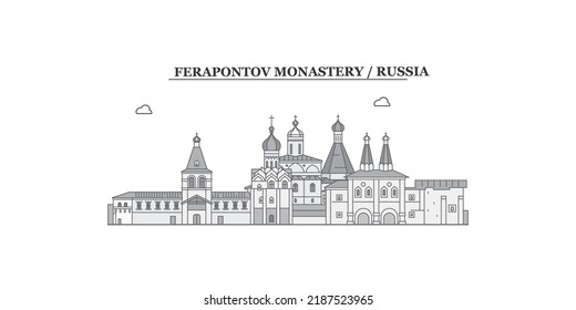 Russia, Vologda, Ferapontov Monastery city skyline isolated vector illustration, icons