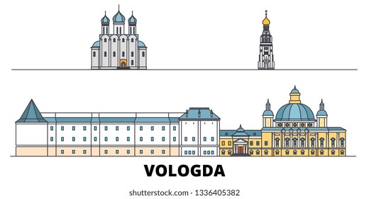 Russia, Vologda flat landmarks vector illustration. Russia, Vologda line city with famous travel sights, skyline, design. 