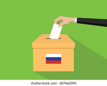 russia vote election concept illustration with people voter hand gives votes insert to boxes election with long shadow flat style