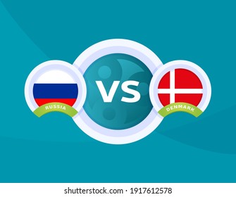 Russia vs Denmark euro 2020 match. Football 2020 championship match versus teams intro sport background, championship competition final poster, flat style vector illustration.